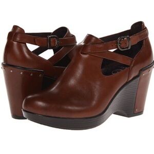 DANSKO Franka Brown Leather Faux Heel Wedge Ankle Strap Clogs